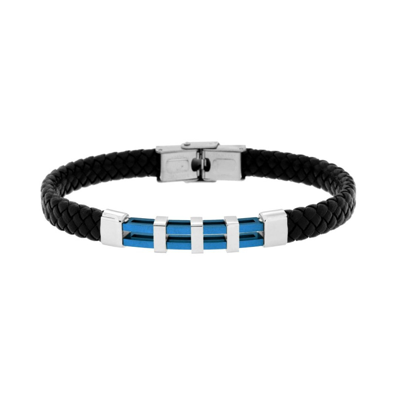 BRACCIALE UOMO IN ECOPELLE INTRECCIATA NERO CON TARGA TRAFORATA E COLORE BLU IN ACCIAIO
