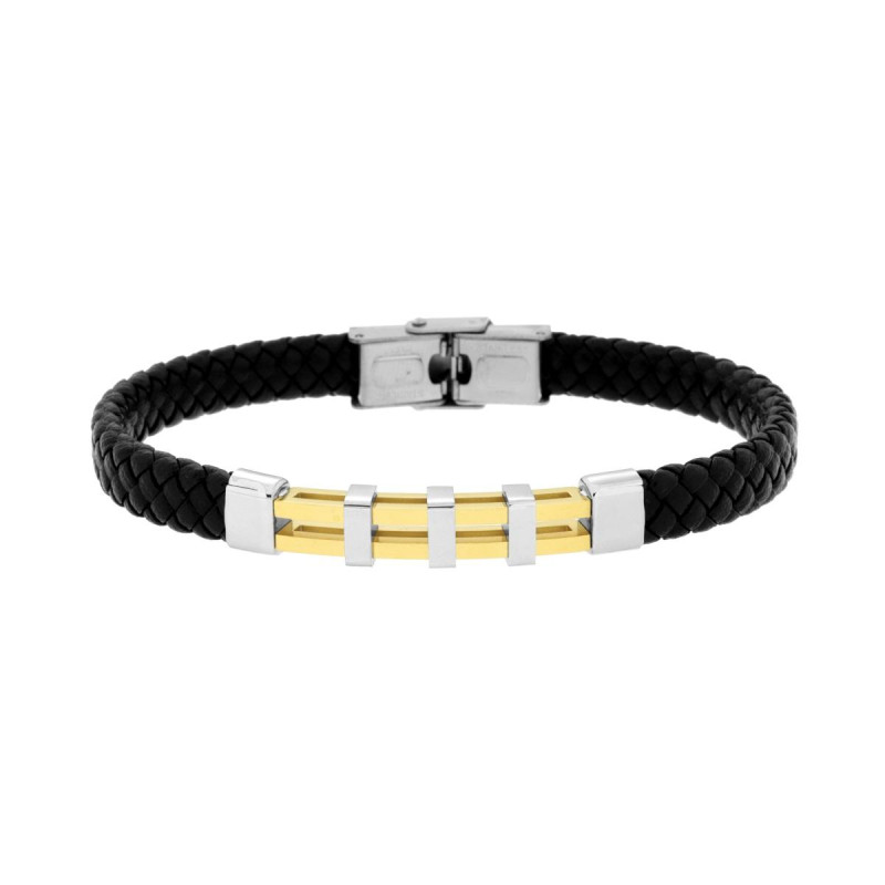 BRACCIALE UOMO IN ECOPELLE INTRECCIATA NERO CON TARGA TRAFORATA E COLORE ORO IN ACCIAIO
