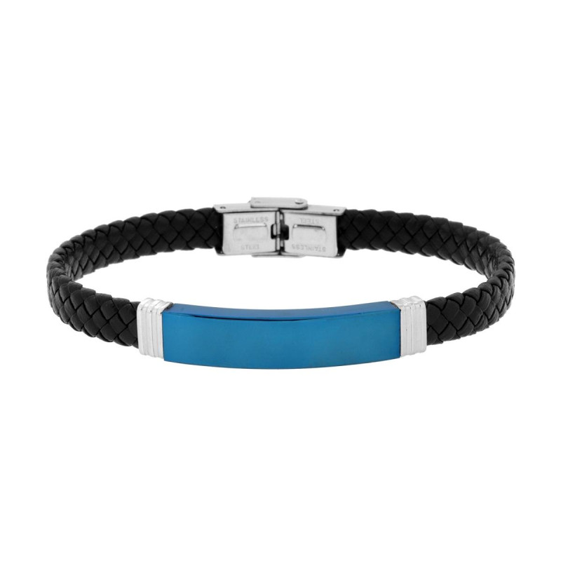 BRACCIALE UOMO IN ECOPELLE INTRECCIATA NERO CON TARGA COLORE BLU IN ACCIAIO