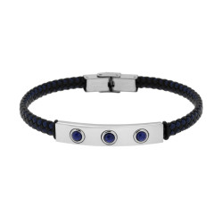 BRACCIALE UOMO IN ECOPELLE INTRECCIATA NERO E BLU CON TARGA CON PIETRE BLU LAPISLAZZULI IN ACCIAIO