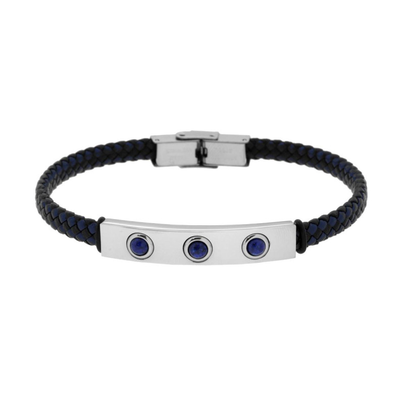 BRACCIALE UOMO IN ECOPELLE INTRECCIATA NERO E BLU CON TARGA CON PIETRE BLU LAPISLAZZULI IN ACCIAIO