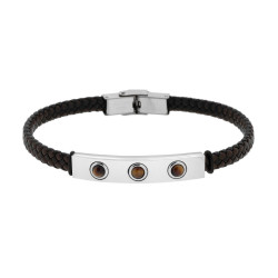BRACCIALE UOMO IN ECOPELLE INTRECCIATA NERO E MARRONE CON TARGA CON PIETRE OCCHIO DI TIGRE IN ACCIAIO