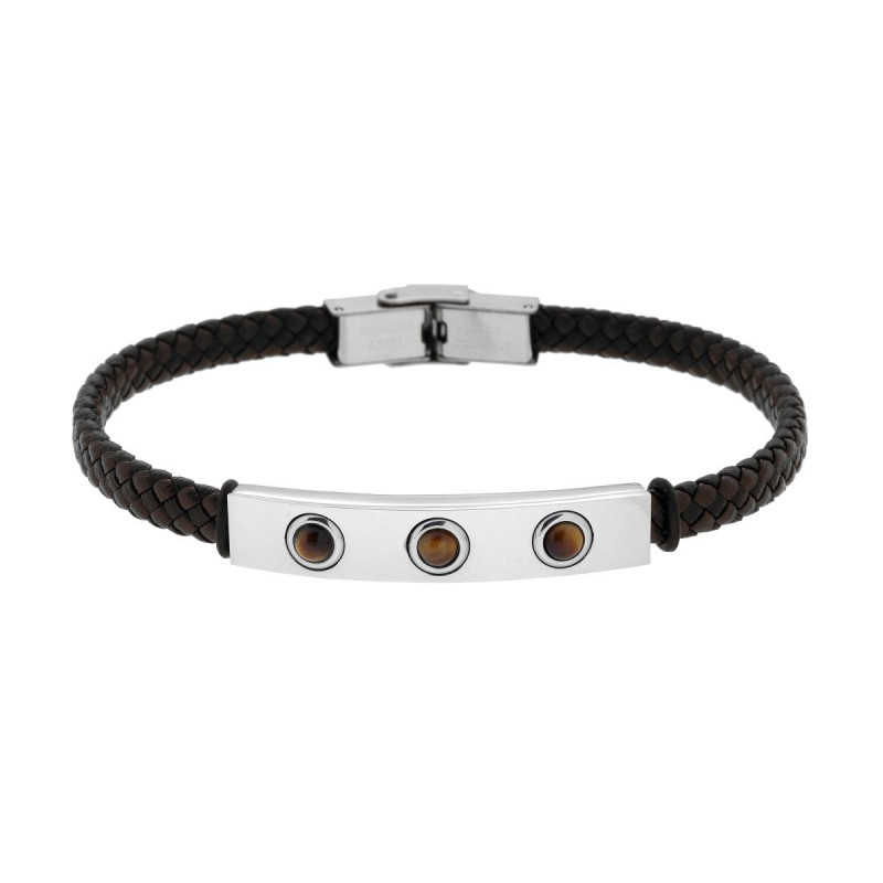 BRACCIALE UOMO IN ECOPELLE INTRECCIATA NERO E MARRONE CON TARGA CON PIETRE OCCHIO DI TIGRE IN ACCIAIO