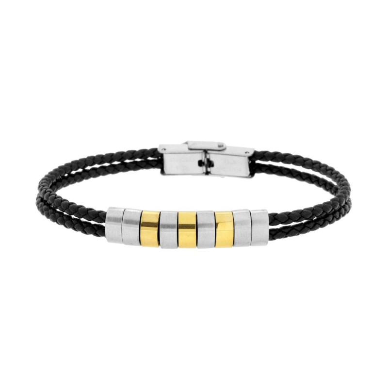 BRACCIALE UOMO DUE FILI IN ECOPELLE INTRECCIATA NERO CON ACCESSORI COLORE ORO IN ACCIAIO