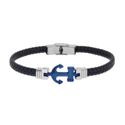 BRACCIALE UOMO IN ECOPELLE INTRECCIATA NERO E BLU CON ANCORA BLU IN ACCIAIO