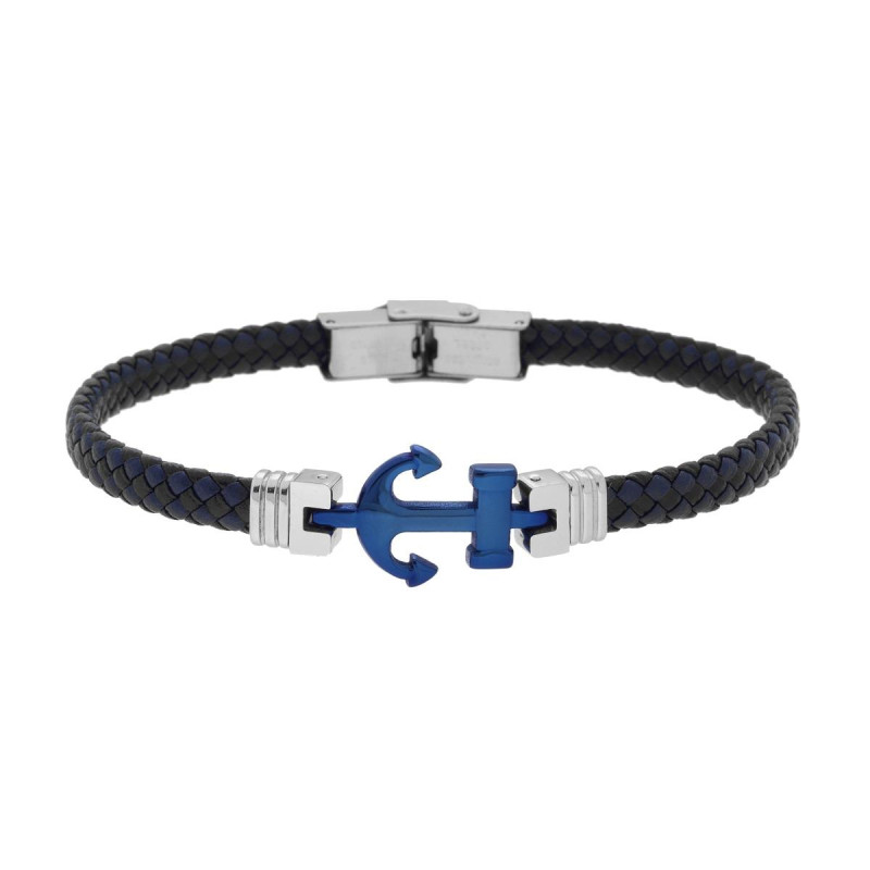 BRACCIALE UOMO IN ECOPELLE INTRECCIATA NERO E BLU CON ANCORA BLU IN ACCIAIO