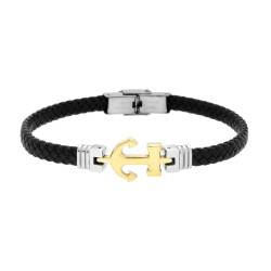 BRACCIALE UOMO IN ECOPELLE INTRECCIATA NERO CON ANCORA COLORE ORO IN ACCIAIO