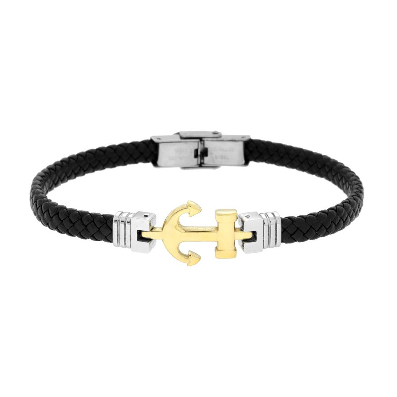 BRACCIALE UOMO IN ECOPELLE INTRECCIATA NERO CON ANCORA COLORE ORO IN ACCIAIO