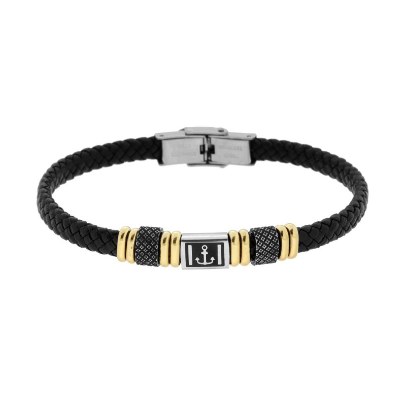 BRACCIALE UOMO IN ECOPELLE INTRECCIATA NERO CON ACCESSORI COLORE ORO E BRUNITO E SOGGETTO ANCORA IN ACCIAIO
