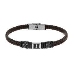 BRACCIALE UOMO IN ECOPELLE INTRECCIATA NERO E MARRONE CON ACCESSORI COLORE NERO E BRUNITO E SOGGETTO ANCORA IN ACCIAIO