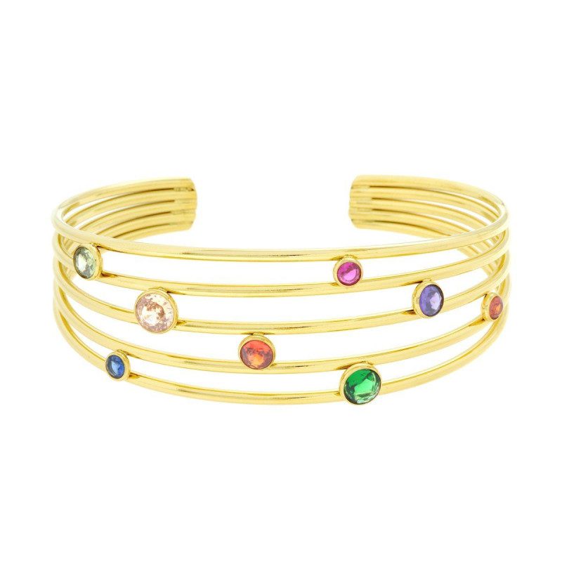 BRACCIALE RIGIDO MODELLO SCHIAVA MULTIFILO CON CRYSTAL MULTICOLOR IN ACCIAIO COLORE ORO