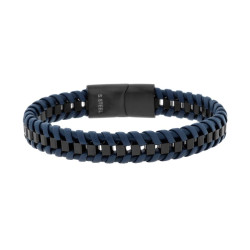 BRACCIALE UOMO IN ECOPELLE INTRECCIATA BLU SU CATENA VENEZIANA IN ACCIAIO COLORE NERO