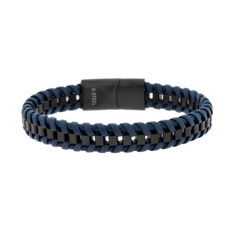 BRACCIALE UOMO IN ECOPELLE INTRECCIATA BLU SU CATENA VENEZIANA IN ACCIAIO COLORE NERO