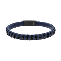 BRACCIALE UOMO IN ECOPELLE INTRECCIATA BLU CON CATENA GRUMETTA DIAMANTATA IN ACCIAIO COLORE NERO