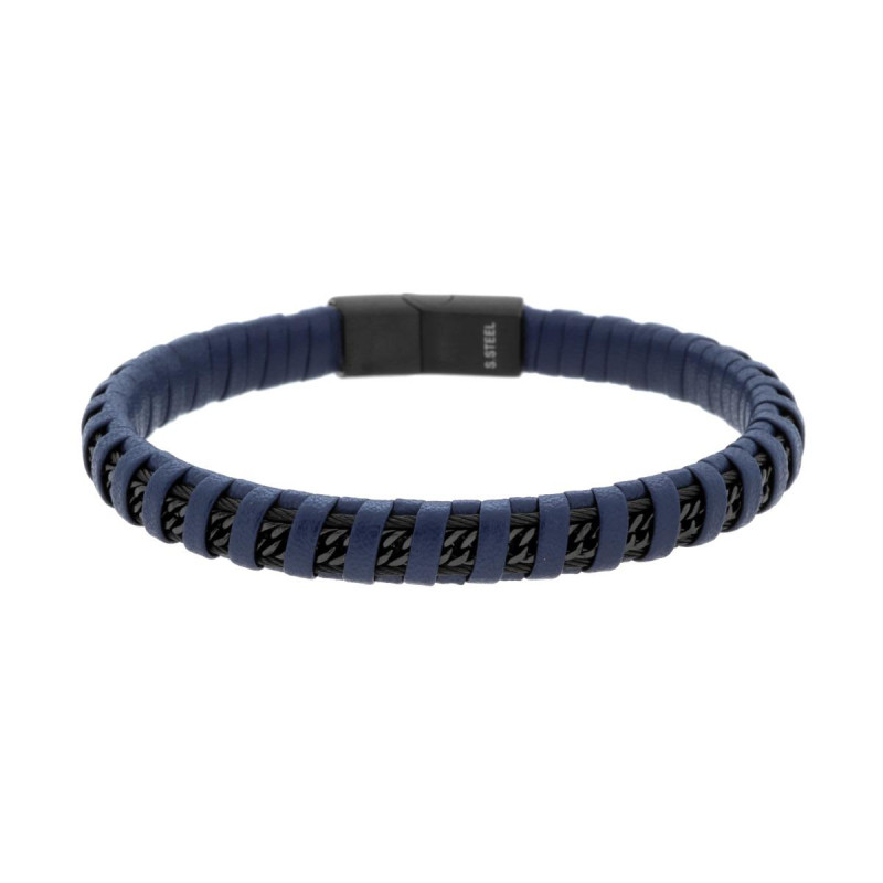 BRACCIALE UOMO IN ECOPELLE INTRECCIATA BLU CON CATENA GRUMETTA DIAMANTATA IN ACCIAIO COLORE NERO