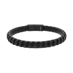 BRACCIALE UOMO IN ECOPELLE INTRECCIATA NERO CON CATENA GRUMETTA DIAMANTATA IN ACCIAIO COLORE NERO