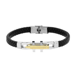 BRACCIALE UOMO IN ECOPELLE INTRECCIATA NERO CON TARGA E PROIETTILE COLORE ORO IN ACCIAIO