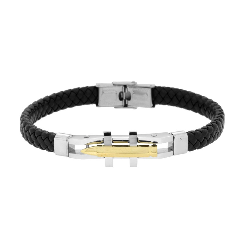 BRACCIALE UOMO IN ECOPELLE INTRECCIATA NERO CON TARGA E PROIETTILE COLORE ORO IN ACCIAIO