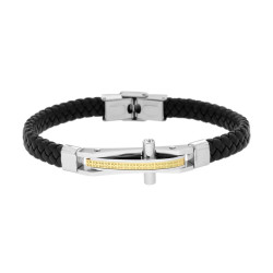 BRACCIALE UOMO IN ECOPELLE INTRECCIATA NERO CON TARGA CROCE CON DETTAGLIO COLORE ORO E CRYSTAL BIANCHI IN ACCIAIO