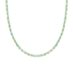 COLLANA CATENA CON CILINDRETTI DIAMANTATI E PIETRE COLORE TURCHESE PERLATO IN ACCIAIO COLORE ORO
