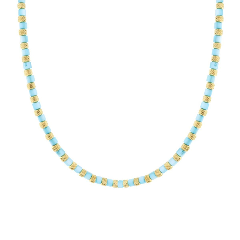 COLLANA CATENA CON CILINDRETTI DIAMANTATI E PIETRE COLORE TURCHESE PERLATO IN ACCIAIO COLORE ORO