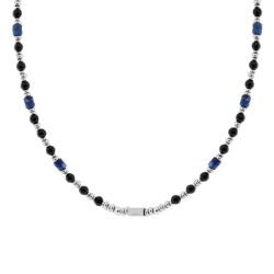 COLLANA CATENA CON PALLINE PIETRA NERO E CILINDRETTI PIETRA BLU LAPISLAZZULI IN ACCIAIO