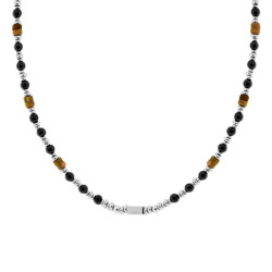 COLLANA CATENA CON PALLINE PIETRA NERO E CILINDRETTI PIETRA OCCHIO DI TIGRE IN ACCIAIO