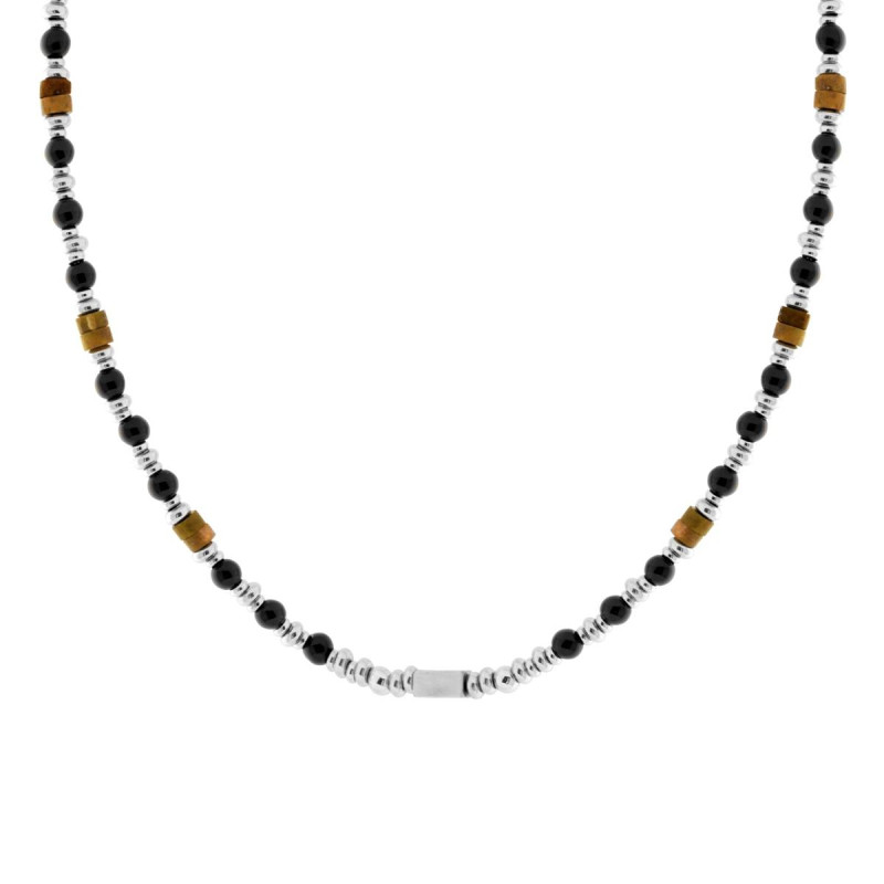 COLLANA CATENA CON PALLINE PIETRA NERO E CILINDRETTI PIETRA OCCHIO DI TIGRE IN ACCIAIO