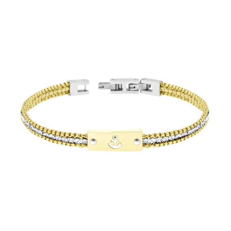 BRACCIALE UOMO CATENA VENEZIANA TONDA COLORE ORO CON TENNIS CRYSTAL BIANCHI E TARGA CON ANCORA IN ACCIAIO