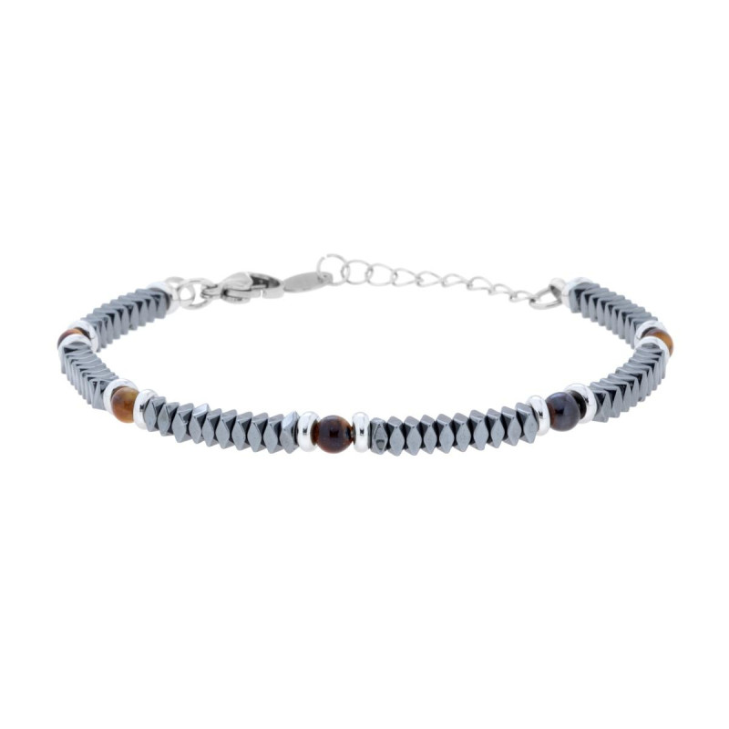 BRACCIALE CATENA CON CUSCINETTI IN CERAMICA ANTRACITE E PIETRE COLORE OCCHIO DI TIGRE IN ACCIAIO