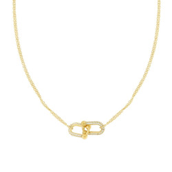 COLLANA DUE FILI CATENA FORZATINA DIAMANTATA CON CATENA INDUSTRIALE E CRYSTAL BIANCHI IN ACCIAIO COLORE ORO