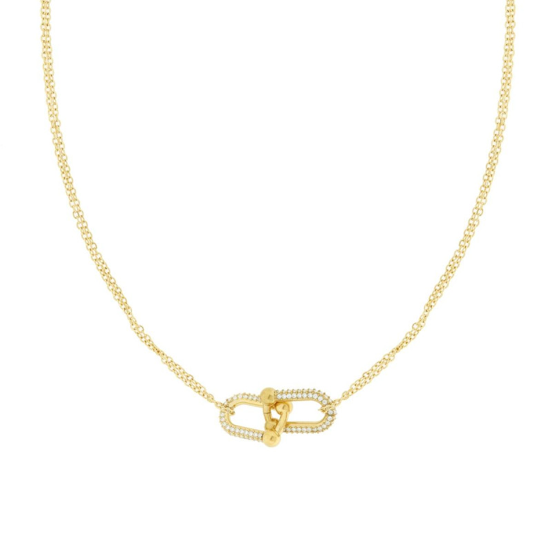 COLLANA DUE FILI CATENA FORZATINA DIAMANTATA CON CATENA INDUSTRIALE E CRYSTAL BIANCHI IN ACCIAIO COLORE ORO