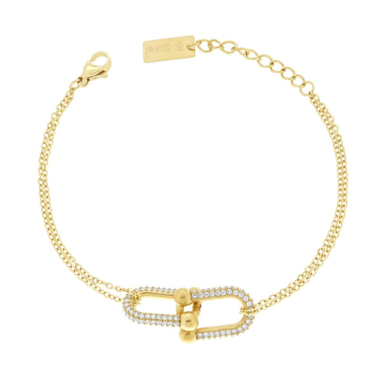 BRACCIALE DUE FILI CATENA FORZATINA DIAMANTATA CON MAGLIA INDUSTRIALE CENTRALE E CRYSTAL BIANCHI IN ACCIAIO COLORE ORO
