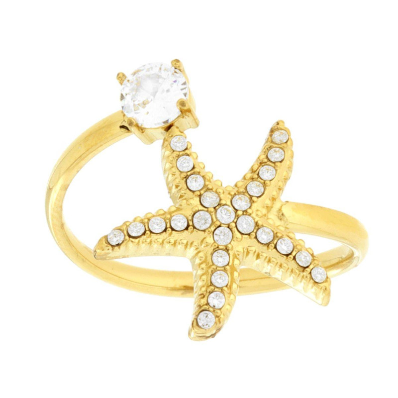 ANELLO CONTRARIE STELLA MARINA E CRYSTAL BIANCO IN ACCIAIO COLORE ORO