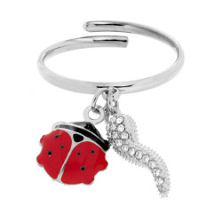 ANELLO CON PENDENTI COCCINELLA E CORNO CON SMALTO ROSSO E CRYSTAL BIANCHI IN ACCIAIO