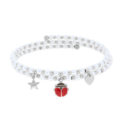 BRACCIALE SEMIRIGIDO CON PERLE PALLINE E STELLA CUORE E COCCINELLA PENDENTI CON SMALTO ROSSO IN ACCIAIO