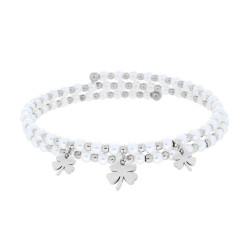 BRACCIALE SEMIRIGIDO CON PERLE PALLINE E QUADRIFOGLI PLAIN PENDENTI IN ACCIAIO