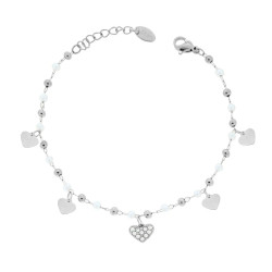 BRACCIALE CATENA FORZATINA DIAMANTATA CON PERLE PALLINE E CUORI PENDENTI CON CRYSTAL BIANCHI IN ACCIAIO
