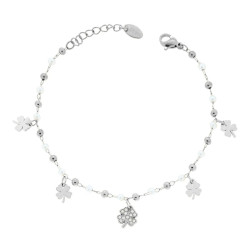 BRACCIALE CATENA FORZATINA DIAMANTATA CON PERLE PALLINE E QUADRIFOGLI PENDENTI CON CRYSTAL BIANCHI IN ACCIAIO