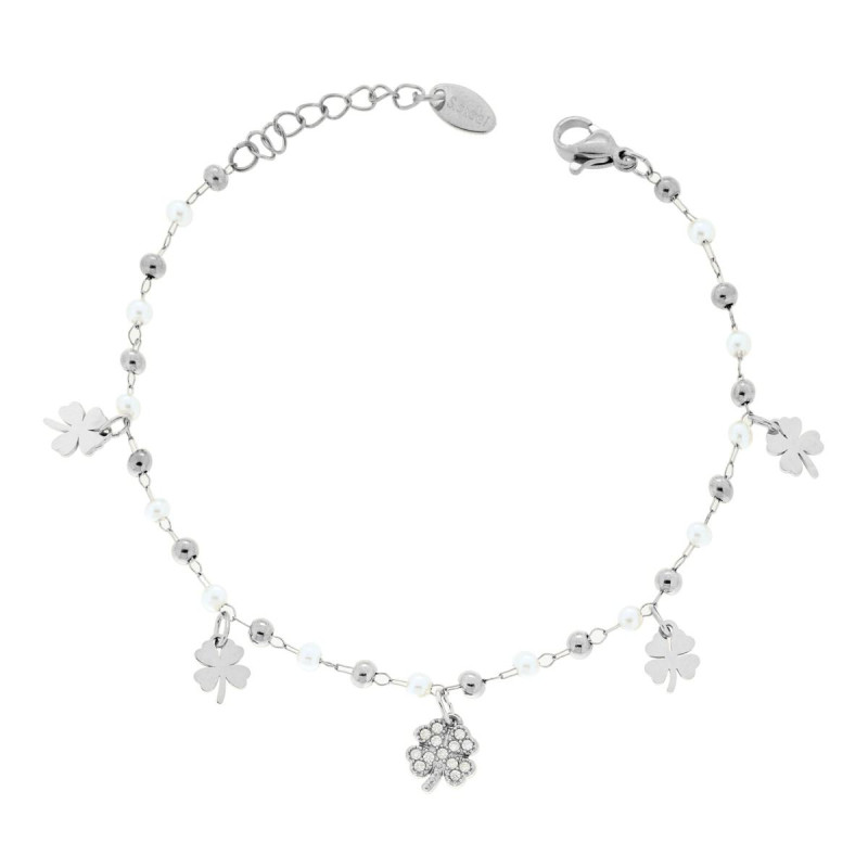 BRACCIALE CATENA FORZATINA DIAMANTATA CON PERLE PALLINE E QUADRIFOGLI PENDENTI CON CRYSTAL BIANCHI IN ACCIAIO