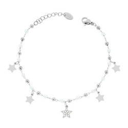 BRACCIALE CATENA FORZATINA DIAMANTATA CON PERLE PALLINE E STELLE PENDENTI CON CRYSTAL BIANCHI IN ACCIAIO