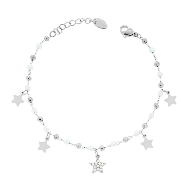 BRACCIALE CATENA FORZATINA DIAMANTATA CON PERLE PALLINE E STELLE PENDENTI CON CRYSTAL BIANCHI IN ACCIAIO