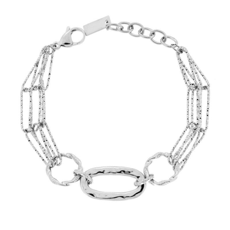 BRACCIALE CATENA MULTIFILO FORZATINA DIAMANTATA E OVALE CENTRALE MARTELLATO IN ACCIAIO