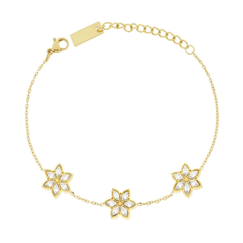 BRACCIALE CATENA FORZATINA DIAMANTATA CON FIORI E CRYSTAL MARQUISE BIANCHI IN ACCIAIO COLORE ORO