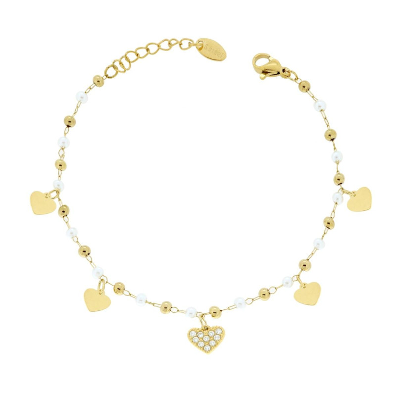BRACCIALE CATENA FORZATINA DIAMANTATA CON PERLE PALLINE E CUORI PENDENTI CON CRYSTAL BIANCHI IN ACCIAIO COLORE ORO