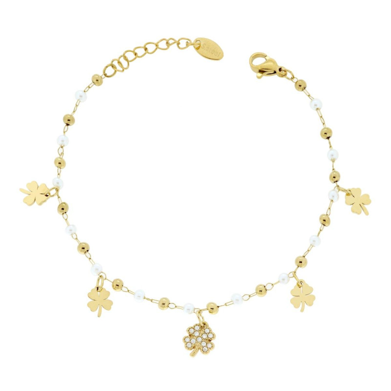 BRACCIALE CATENA FORZATINA DIAMANTATA CON PERLE PALLINE E QUADRIFOGLI PENDENTI CON CRYSTAL BIANCHI IN ACCIAIO COLORE ORO