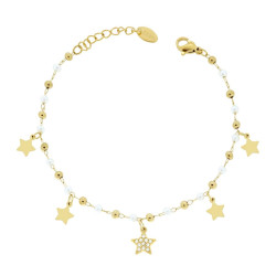BRACCIALE CATENA FORZATINA DIAMANTATA CON PERLE PALLINE E STELLE PENDENTI CON CRYSTAL BIANCHI IN ACCIAIO COLORE ORO