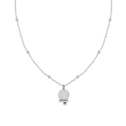 COLLANA CATENA FORZATINA DIAMANTATA CON CAMPANELLA E CRYSTAL BIANCHI IN ACCIAIO