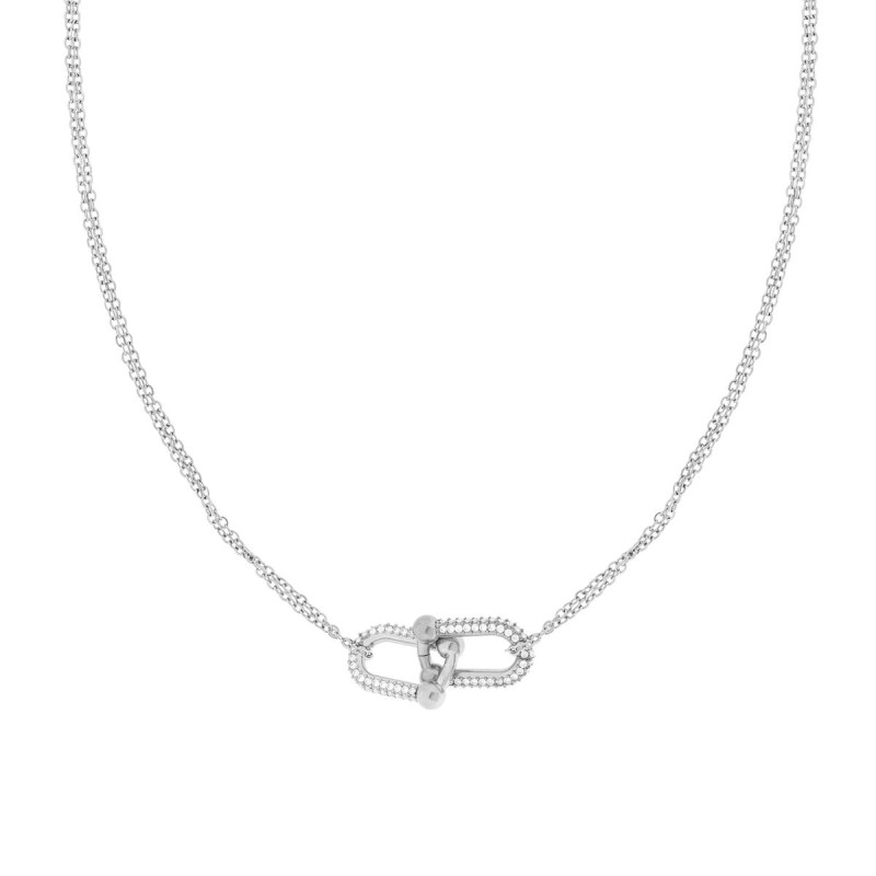COLLANA DUE FILI CATENA FORZATINA DIAMANTATA CON CATENA INDUSTRIALE E CRYSTAL BIANCHI IN ACCIAIO