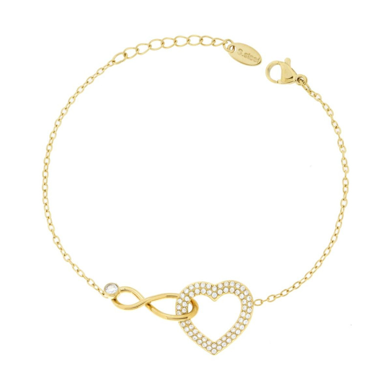 BRACCIALE CATENA FORZATINA DIAMANTATA CON CUORE E INFINITO INCROCIATI E CRYSTAL BIANCHI IN ACCIAIO COLORE ORO